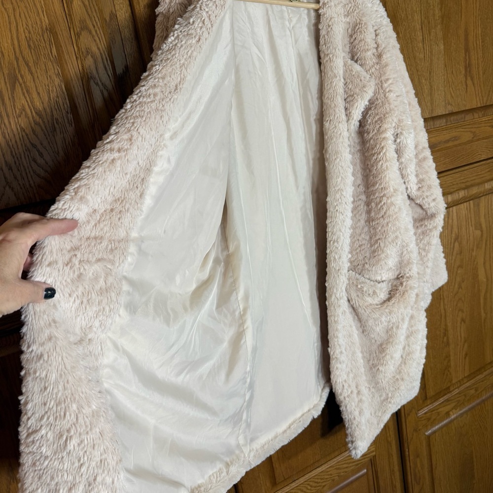 Democracy Cream Faux Fur Teddy Coat Open Front Longline Jacket XL Beige - Picture 4 of 5